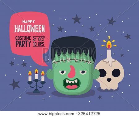 Halloween Invitation Card With Cartoon Frankestein Head And Skull Candle Over Purple Background, Col