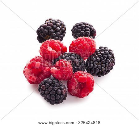 Blackberries With Raspberries And Green Leaf Isolated On White Background