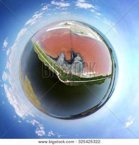 Panorama 360 Aerial View. The Pink Lake. Taken From A Bird's Eye View. The Dark And Pink Lake Is Sep