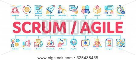 Scrum Agile Minimal Infographic Web Banner Vector. Agile Rocket And Document File, Gear And Package,