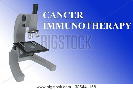 3d Illustration Of A Microscope With Cancer Immunotherapy Title, Isolated On Blue Gradient.