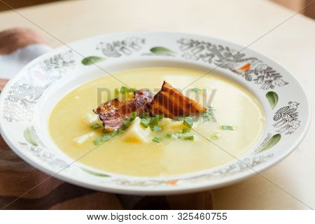 Traditional Slovak Sheep Cheese Soup With Bacon And Potatoes. Demikat.