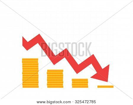 Four Columns Of Money Falling Down. The Red Arrow Accompanies This Process.