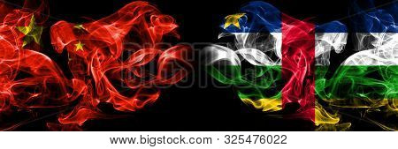 China Vs Central African Republic Smoke Flags Placed Side By Side. Thick Colored Silky Smoke Flags O