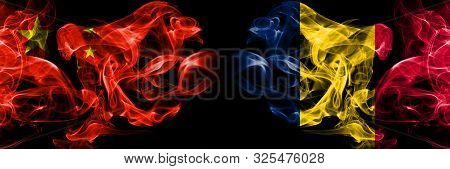 China Vs Chad, Chadian Smoke Flags Placed Side By Side. Thick Colored Silky Smoke Flags Of Chinese A