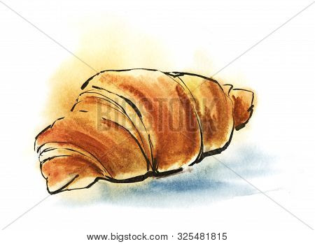 Three Drawings Of Fresh Croissant. Morning Baking. French Bun Curlicue Bagel. Hand Drawn Watercolor 