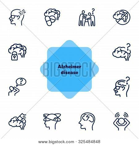 Alzheimer Disease Line Icon Set. Brain, Bad Memory, Pills. Health Concept. Can Be Used For Topics Li