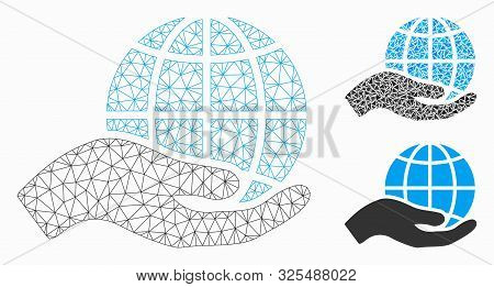 Mesh World Class Offer Hand Model With Triangle Mosaic Icon. Wire Frame Triangular Mesh Of World Cla
