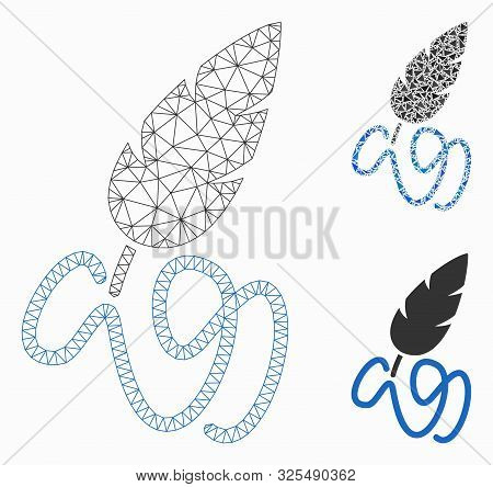 Mesh Writing Feather Model With Triangle Mosaic Icon. Wire Carcass Polygonal Mesh Of Writing Feather