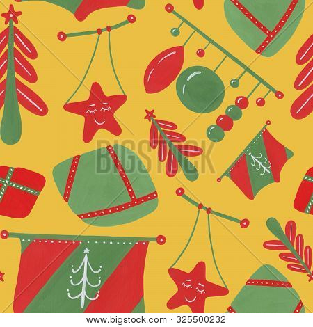 Seamless Winter Pattern With Green And Red  Elements, Christmas Tree, Balls, Garlands, Flags, Drawin