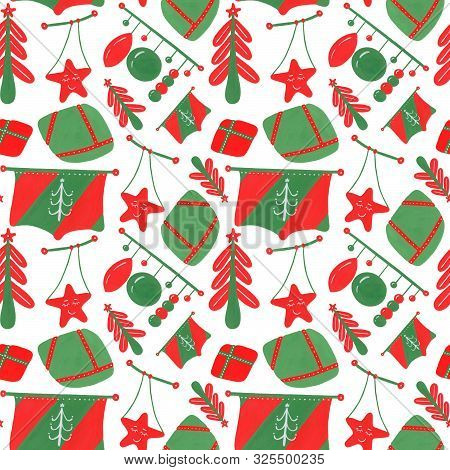 Winter Seamless Pattern With Green And Red  Elements, Christmas Tree, Balls, Garlands, Flags, Drawin