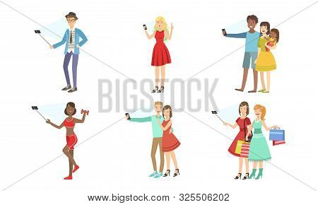 Different People Take Selfies. Set Of Vector Illustrations.