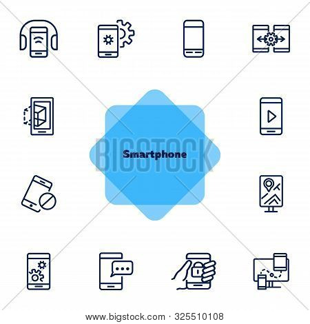 Smartphone Line Icon Set. Settings, Navigation, Multimedia Content. Mobile Technology Concept. Can B