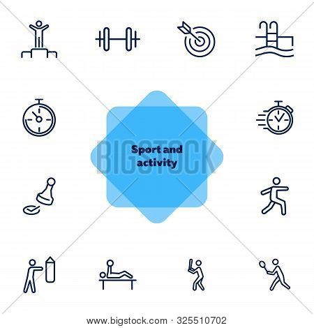Sport And Activity Icons. Set Of Line Icons On White Background. Stop Watch, Sportsman. Active Lifes