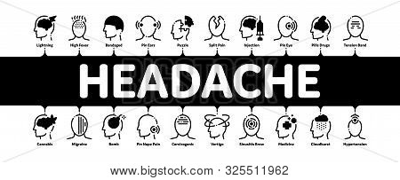 Headache Minimal Infographic Web Banner Vector. Tension And Cluster Headache, Migraine And Brain Sym