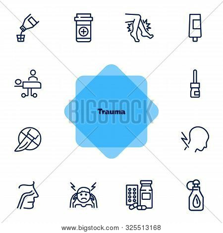 Trauma Line Icon Set. Set Of Line Icons On White Background. Healthcare Concept. Drug Product, Pain,