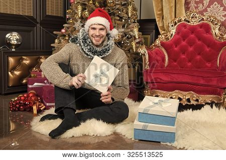 There Arent Enough Presents For Christmas. Guy Is Celebrating Christmas At Home. Delivery Christmas 