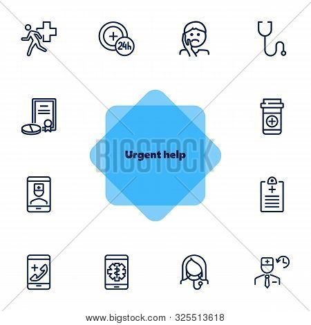 Urgent Help Line Icon Set. Patient, Pills, Prescription. Healthcare Concept. Can Be Used For Topics 