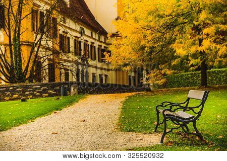 View At Eggenberg Palace In Autumn Tourist Spot, Famous Travel Destination In Styria.