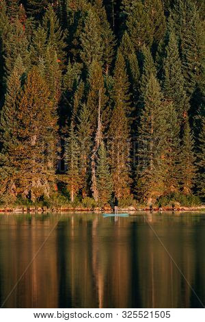 An Adult Female Paddle Boarder Paddling On String Lake At Sunrise In Grand Teton National Park, Wyom
