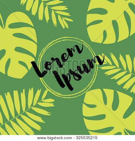 Vector Illustration Pattern Of Tropical Beach Leaves, Palm, Monstera, Orange And Purple Colors. Back