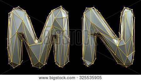 Letter set M, N made of realistic 3d render silver color. Collection of gold low polly style alphabet isolated on black background