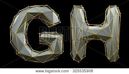 Letter set G, H made of realistic 3d render silver color. Collection of gold low polly style alphabet isolated on black background