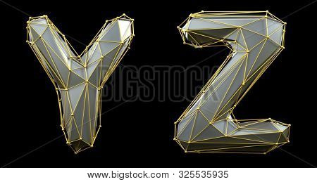 Letter set Y, Z made of realistic 3d render silver color. Collection of gold low polly style alphabet isolated on black background