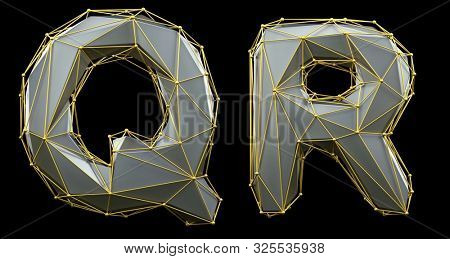 Letter set Q, R made of realistic 3d render silver color. Collection of gold low polly style alphabet isolated on black background