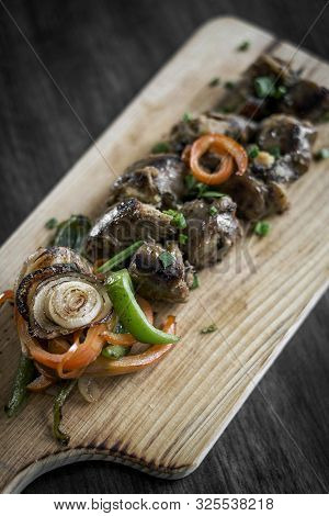 Grilled Fresh Sausage Starter Tapas Snack Set On Rustic Wood Board