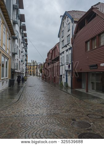 Stavanger, Norway, September 9, 2019 : Street With Traditional White Wooden Houses In Gamle Stavange