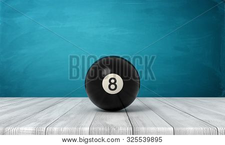 3d Rendering Of Black Pool And Billiard Ball On White Wooden Floor And Dark Turquoise Background
