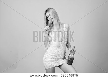 Sweet Liquor Champagne. Glamorous Party. Girl Drinking Pearl Glitter Champagne. Woman White Dress Bo