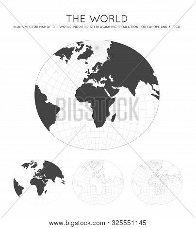 Map Of The World. Modified Stereographic Projection For Europe And Africa. Globe With Latitude And L