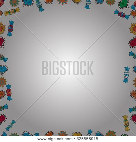 Picture In Orange, White And Blue Colors. Vector. Seamless. Foursquare Frames Doodles.