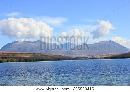 Panorama of lake alexandrina in canterbury, new zealand