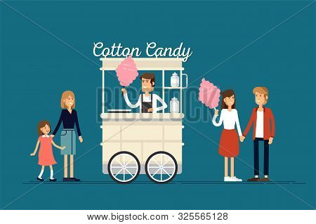 Creative Detailed Vector Street Cotton Candy Cart Or Shop With Swetness And With Seller. Young Peopl