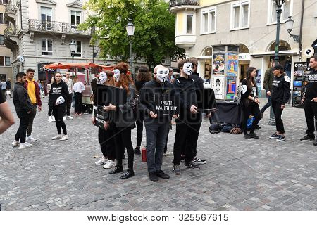Zurich, Switzerland 09.29.2019: Anonymous For The Voiceless, Members Of The Cube Of Truth Vegan Prot