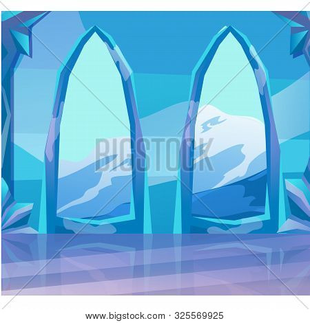 View Through The Arch Of Ice Castle At Landscape The Nature Views Of Snowy Mountains. Sketch For Car