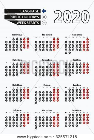 Vector Template Calendar 2020 With Number In Circles, Simple Finnish Calendar For Year 2020. Vector 