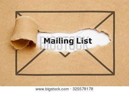 Text Mailing List Appearing Behind Ripped Brown Paper In Letter Envelope Drawing.