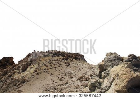 Rock mountain slope foreground close-up isolated on white background. Element for matte painting, copy space.