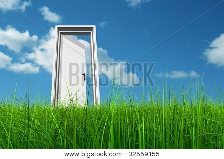 Hacer una apertura de alta resolución verdes, frescos y naturales 3d conceptual hierba sobre un fondo de cielo azul,