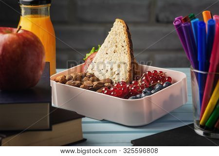 Diet Eco Healthy Dessert Nutrition In Plastic Box Copy Space. Freshness Citrus Juice In Glass Bottle