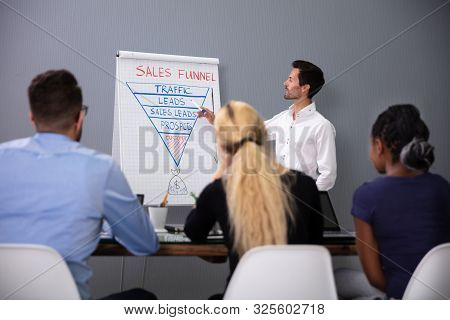 Young Smiling Businessman Explaining Sales Funnel Diagram To His Colleagues In Meeting