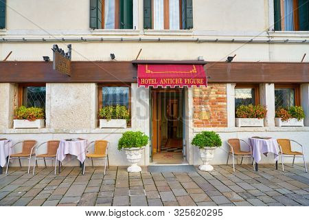 VENICE, ITALY - CIRCA MAY, 2019: entrance to Antiche Figure Hotel in Venice.