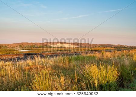 railway tracks along a valley of the Middle Loup River in Nebraska Sandhills, late summer scenery