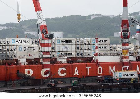 Container Terminal Commercial Sea Port, Unloaded Container Ship Sevmorput - Russian Nuclear-powered 