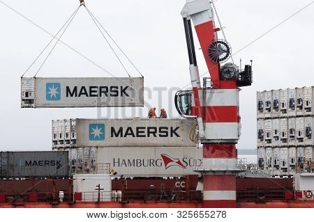 Crane Unloads Container Ship Sevmorput - Russian Nuclear-powered Icebreaker Lighter Aboard Ship Carr