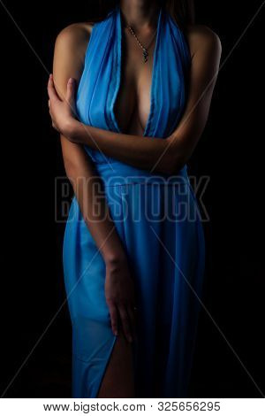Perfect Sexy Womans Body Close Up In A Blue Chiffon Evening Cocktail Dress With Big Breasts With A S
